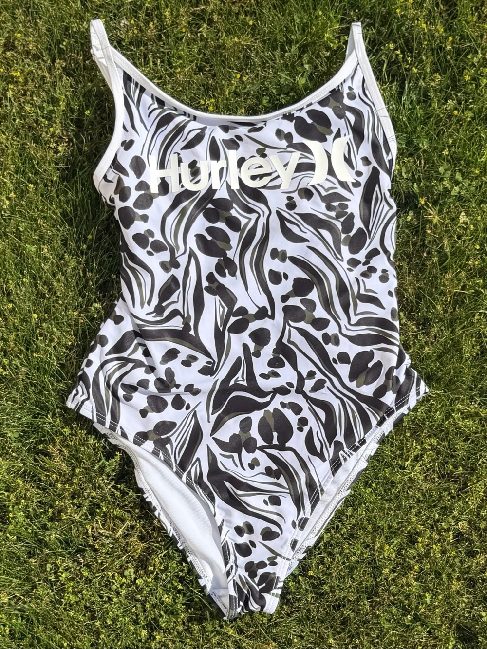 Hurley One Piece Swimsuit Tropical Print Strappy Back White Black Green Size S